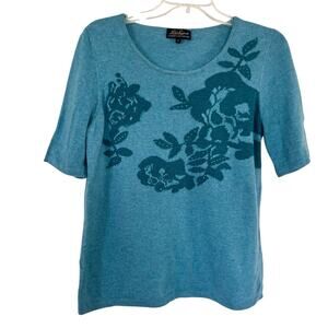 Luisa Spagnoli Blue Wool & Cashmere Floral Jacquard Short Sleeve Sweater Size L